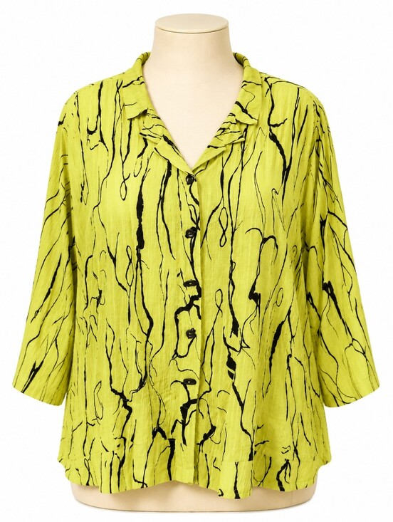 Ali Miles Tops - Ali Miles 1X Tunic Top Chartreuse Yellow Black Abstract Crinkle Lagenlook Artsy